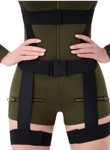 Women’s Pilot Costume, 4 Piece Military Aviator Romper with Harness & Tags
