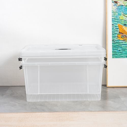 Cetomo Lidded Storage Bin with Handle, Storage Bins with Lid, Organizing Container with Secure Latching Buckles, Stackable and Nestable, Plastic, 72 Quart-4 Pack, Clear