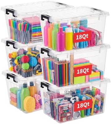 Cetomo 18Qt Plastic Storage Bin, Stackable Storage Box with Lid, Organizer, Container for Home, Office, Drom, PP, BPA-Free, Nestable, Clear, 18Quart-6 Pack