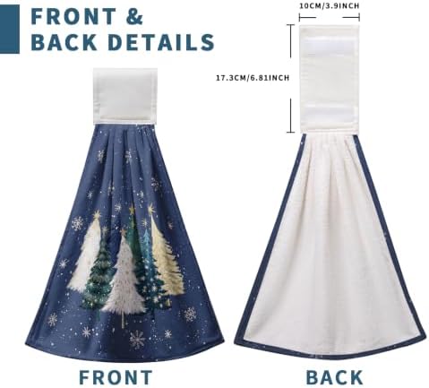 Christmas Tree Blue Hanging Kitchen Hand Towels Set of 2 Teal White Gold Xmas Snowflakes Kitchen Tie Towels Fast Drying Oven Stove Dish Towel Soft Absorbent Fingertip Bath Towel for Bathroom