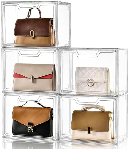 Purse Organizer for Closet,Clear Acrylic Display Case for Handbag Organizer, Purse Storage Box with Magnetic Door, Plastic Storage Bins for Book, Collectibles, Cosmetic (5 Pack)
