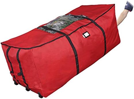 ProPik Rolling Christmas Tree Storage Bag, Fits Up to 9 Foot Tall Disassembled Trees, 25" X 25" X 60", Extra Large Heavy Duty Xmas Container with Wheels, Handles and Straps (Red)