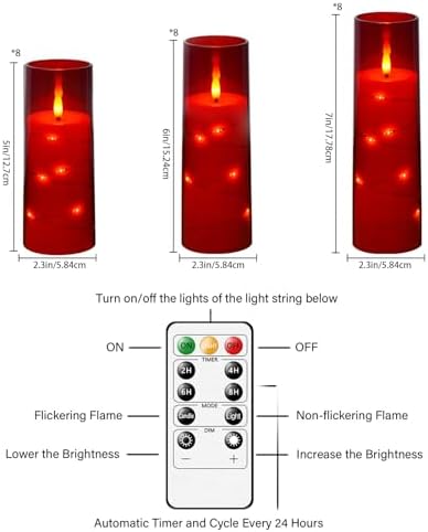 kakoya Flameless LED Candles with Timer 24 Pc Flickering Flameless Candles for Romantic Ambiance and Home Decoration Stable Acrylic Shell,with Embedded Star String，Battery Operated Candles（Red）