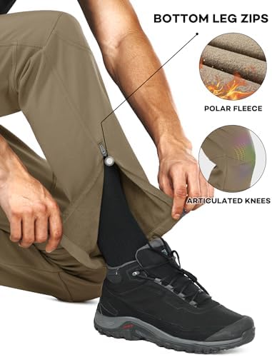 Stlight Mens Snow Ski Water Repellent Softshell Pants for Winter Hiking Fleece Lined Bottom Leg Zipper with 6 Zip Pockets
