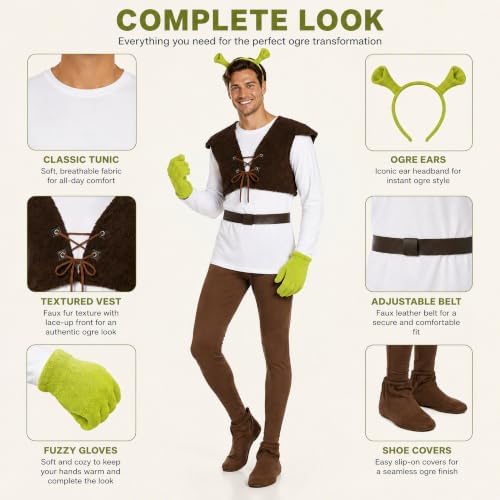 Adult Green Monster Costume Set with Ears Headband Gloves for Halloween