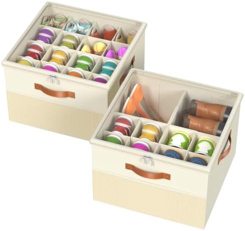 Shoe Organizer for Closet,2 Pack Foldable Shoe Storage Organizer Box Bin with Adjustable Dividers and Clear Cover, Fits up to 16-32 Pairs（Beige）