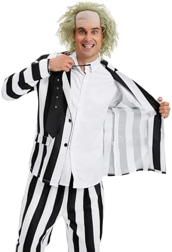 4 Pcs Black and White Stripe Suit with Wig - Adult Halloween Cosplay Outfits for Movie Role Play, Horror Theme Party
