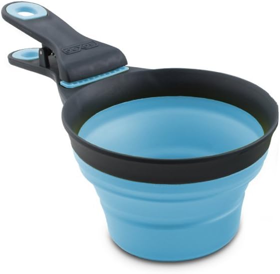 Dexas Popware for Pets Collapsible Klip Scoop, 3-in-1 Pet Food Scoop, Measuring Cup and Bag Clip, 1 Cup Capacity, Blue