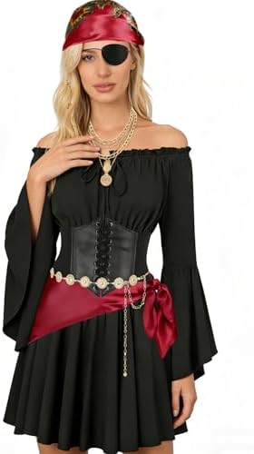 Women Pirate Costume Set Halloween Dress Outfit with Accessories