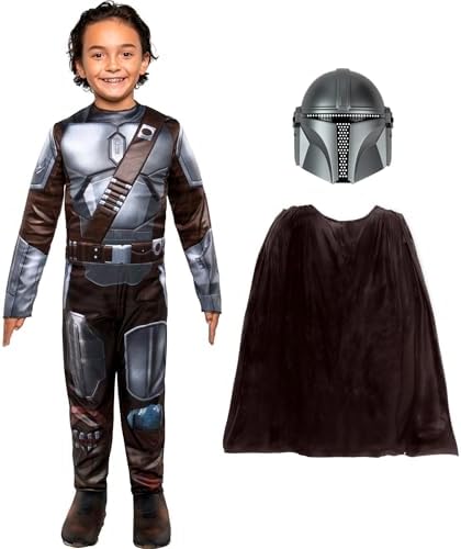 STAR WARS The Mandalorian Official Youth Halloween Costume - Premium Quality Padded Jumpsuit with Plastic Mask and Detachable Cape (M)
