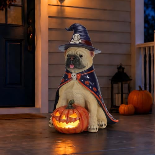Bulldog Statue Halloween Decoration with LED Pumpkin Lantern