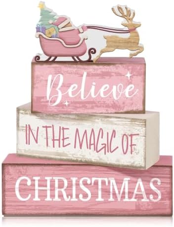 Moucuny 4 Pcs Christmas Table Decoration Pink Santa Sleigh Stacked Wooden Sign Decor Christmas Tiered Tray Decor Decorative Santa Claus Elk Block Sign Gift Farmhouse Xmas Centerpiece for Home Kitchen