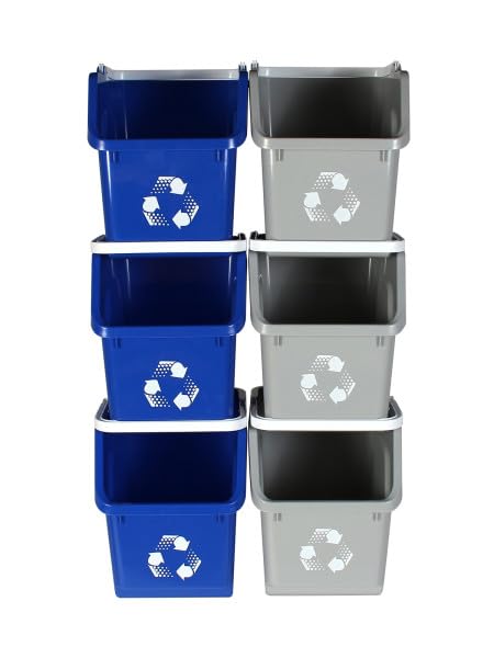 Multi Bin Recycling System with Three Stackable 6 Gallon Recycle Bins for Kitchen Use – Recycling Trash Can Set for Office, Garage, Businesses (6 Pack, Blue/Grey)