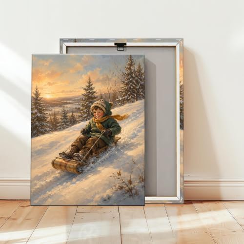 Boy Sledding in Winter Framed Canvas Wall Art, Holiday Snow Scene Decor