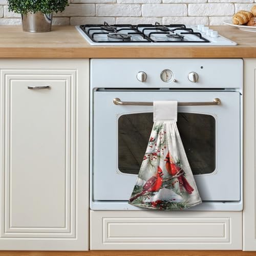 Winter Red Birds Kitchen Towels with Hanging Loop Cardinal Snow Pine Holly Christmas Hand Tie Towels Fast Drying Dish Washcloth Soft Absorbent Fingertip Bath Towel for Bathroom Decor Set of 2