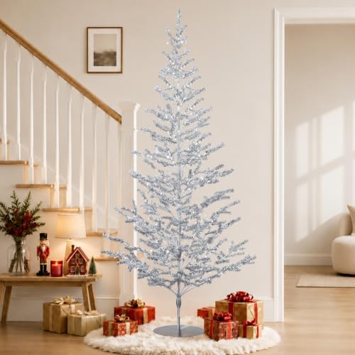 6ft Silver Tinsel Christmas Tree, Retro Aluminum Christmas Tree