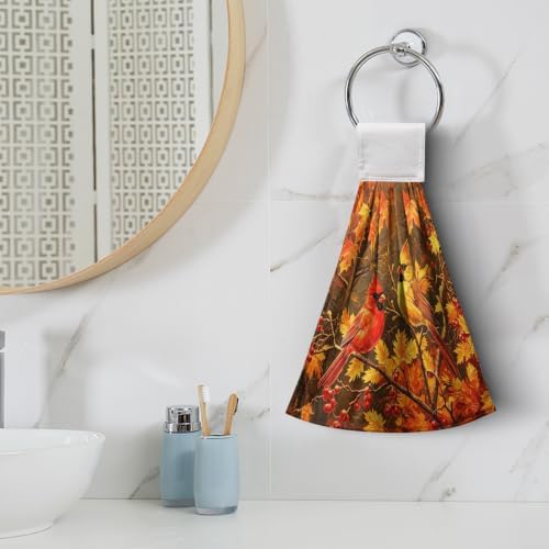 Fall Red Birds Hanging Kitchen Towels Autumn Thanksgiving Maple Leaves Hanging Tie Towels with Hanging Loop Soft Washcloth Bath Dish Towel for Bathroom Decor