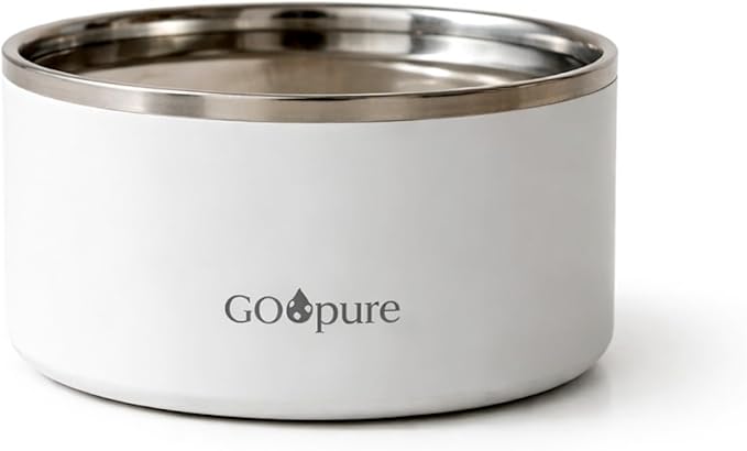 Filtered Pet Water Bowl – 64 oz Stainless Steel Dog & Cat Water Bowl with Ceramic Filter Included, Self-Purifying, Eco-Friendly Pet Water Bowl, White