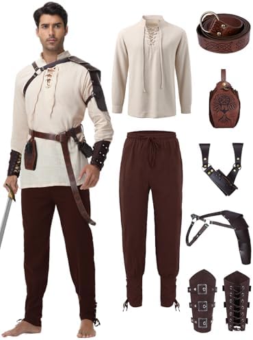 Men's Renaissance Costume,8 Piece Medieval Viking Pirate Outfit Set