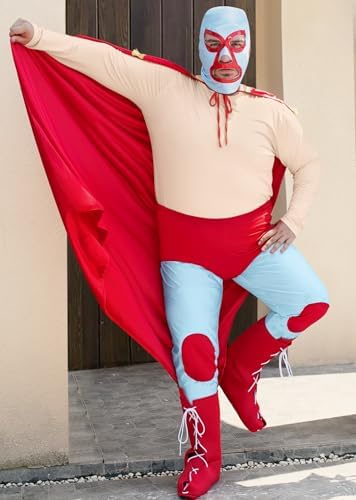 Mainfini 5 Pcs Nacho Libre Costume Adult Men Mexican Wrestler Outfit Funny Tshirt Mask Cape Tights Boot Cover (S-3XL)