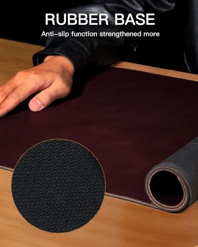 YSAGi Genuine Leather Desk Mat, 31.5"x15.8"Office Desk Pad, Thick Desk Pad Mat with Stitched Line, Non-Slip Desk Mat with Rubber Base (Red Brown, 31.5"x15.8")