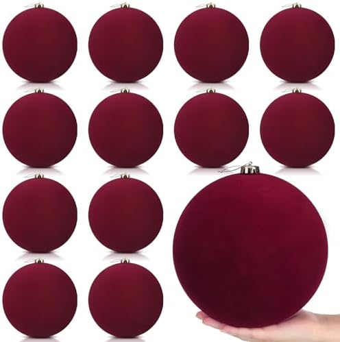Hollowfly 12 Pcs 8 Inch Extra Large Velvet Christmas Balls Oversized Huge Big Christmas Tree Ornaments Balls for Family Holiday Xmas Tree Hanging (Red)