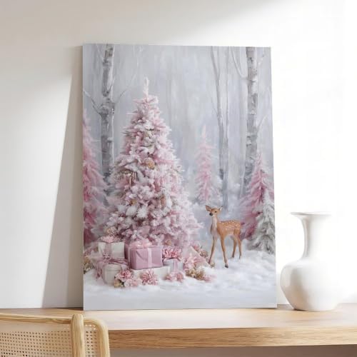 JDBeehpy Pink Christmas Tree and Gift Box Wall Art Unframed 24x36inch