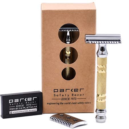 Parker, "The Convertible", Double Edge Safety Razor – Interchangeable Open & Closed Comb Plates, Solid Brass/Chrome 93 g Handle, Customizable Shave from Mild to Aggressive