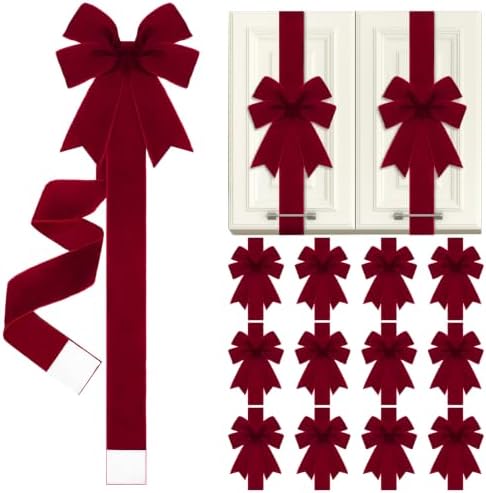 Daifunli 12 Pcs Burgundy Velvet Christmas Cabinet Bows Ribbons for Kitchen
