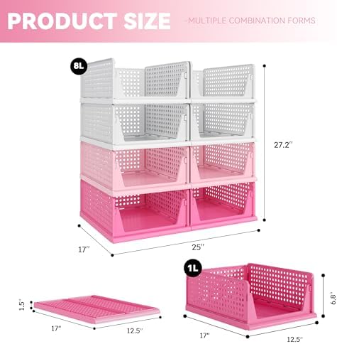 Pink Girl Closet Organizers and Storage Stackable Plastic Drawer Basket for Clothing Stackable Storage Bins Shelf Storage Container for RV Closet Wardrobe Bedroom Bathroom Playroom 8 Pack