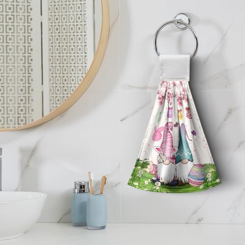 Easter Gnome Kitchen Hanging Towels Set of 2 Spring Easter Bunny Eggs Flowers Bath Hand Towels with Hanging Loops Tea Bar Dish Cloths Dry Towel Soft Absorbent Fingertip Tie Towel for Bathroom
