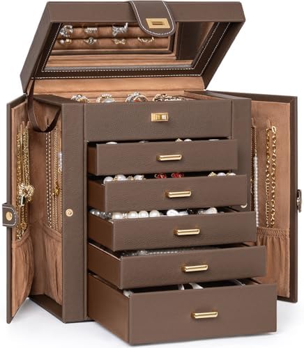 AKOZLIN 6-Tier Jewelry Box Organizer 5 Drawers Storage Medium Brown