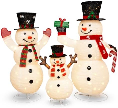 Hykolity 3.7 FT Collapsible Pop-Up 3D Lighted Snowman Family Set of 3, Outdoor Christmas Snowman Decorations with 250 Warm White LED Lights for Yard, Lawn and Porch
