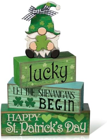 Moucuny 4 Pcs St. Patrick's Day Wood Signs Gnome Tiered Tray Table Decor