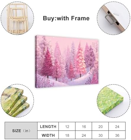 JDBeehpy Snowy Wall Art Pink Pine Forest Canvas Prints Framed 24x36inch