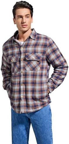 Men's Sherpa Cotton Flannel Shirt Jacket Plaid Button Coat Pocket