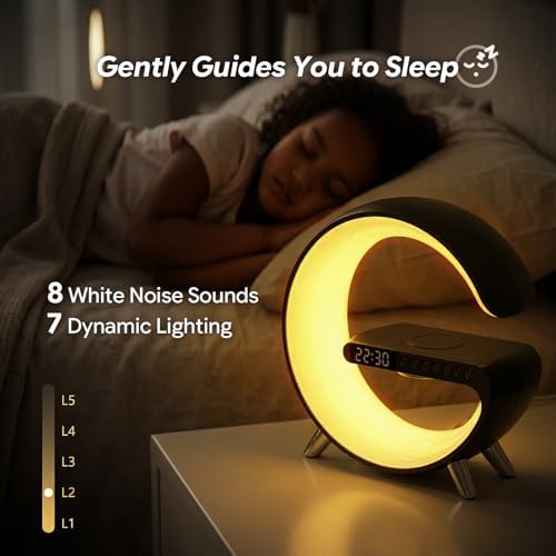 Smart LED Table Lamp for Bedroom with Wireless Charging Bluetooth Speaker, App Controlled Night Light for Kids, Christmas Birthday Gifts for Teens Adults Desk Office Bedroom Decor (Black