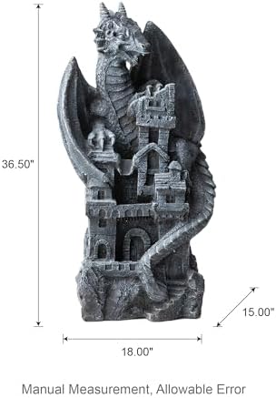Glitzhome 37"H 4 Tiers Resin Waterfalls Water Fountain, Mystical Gothic Dragon Perched Atop The Castle Sculptural with Pump & LED Light Indoor Outdoor Floor Fountain for Garden Patio Backyard Decking