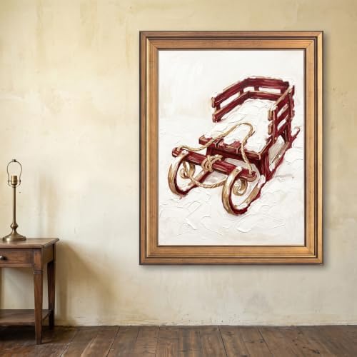 Framed Canvas Wall Art Painterly Rustic Sled Red Wood and White Snow Canvas Print Poster Gold Frame Wall Decor for Living Room Holiday Decoration, Cozy Home Art - Inch 24x36