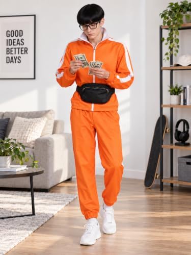 Halloween Costume Men's Orange Tracksuit With Wig Glasses Fanny pack