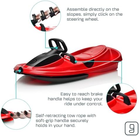 Snow Sled for Kids, Adults - Toboggan Sled, Easy Turning Steering Wheel, Anti-Slip Seat, Pull Up Brake, Durable Plastic Sled, Lightweight, Snow Sleds, Age 3+ 260 lbs