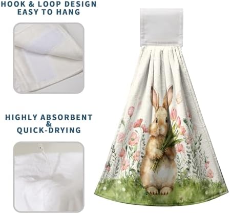 Easter Bunny Hanging Kitchen Towels Easter Rabbit Pink Tulip Flowers Hand Towels with Hanging Loop Spring Holiday Dish Towel Soft Absorbent Fingertip Bath Tie Towel Set of 2