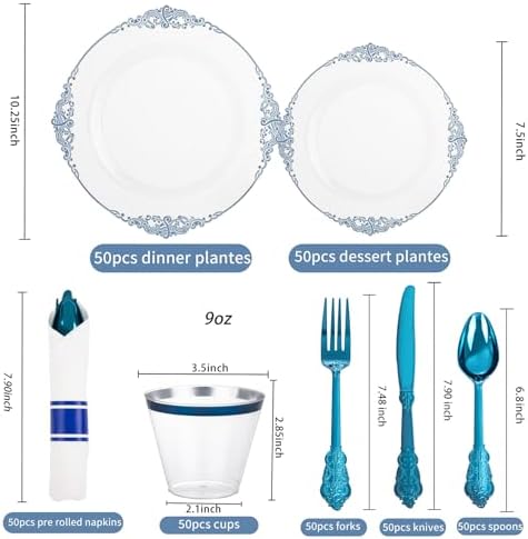 Hioasis 350pcs Clear Blue Plastic Plates 10.25"