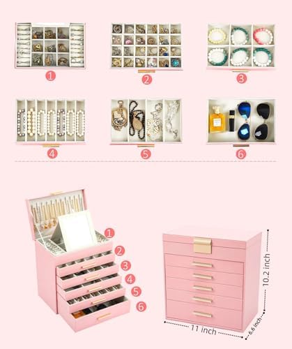 BOOVO Jewelry Boxes for Women, White and Black 6 Layer Large Jewelry Box for Necklace, Bracelet, Earrings, Rings Storage, Jewelry holder Organizer for Girls Gift (Pink, 6 layer)