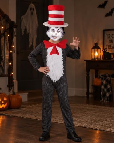 Kids Cat Hat Costume Scary Creepy Realistic Jumpsuit Mask Boys Girls