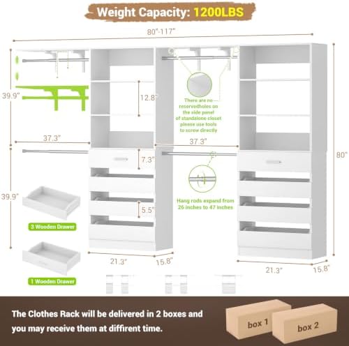 Aheaplus Closet System, Wood Closet Organizer System with 8 Drawers &4 Rods
