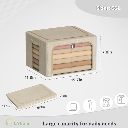 Clothes Storage Bins with Metal Frame, Clear Windows, 22L, Beige, 2-Pack