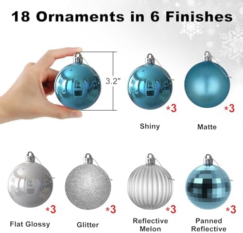 Baby Blue & Silver 3.2" Large Christmas Balls - Christmas Tree Decoration Ornaments Shatterproof Hanging Balls for Birthday Halloween Holiday Wedding Decorations Set of 18pcs