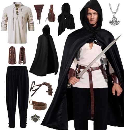 Akokvlar 10 Pcs Men Renaissance Costume Medieval Pirate Shirt Ankle Banded Pants Viking Outfit Set