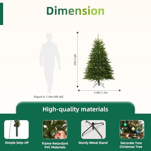 6FT Unlit Christmas Tree Green, Dunhill Fir Artificial Tree with 1430 PVC Branch Tips, Realistic Full Shape, Foldable Metal Stand for Indoor Home, Office & Holiday Decoration